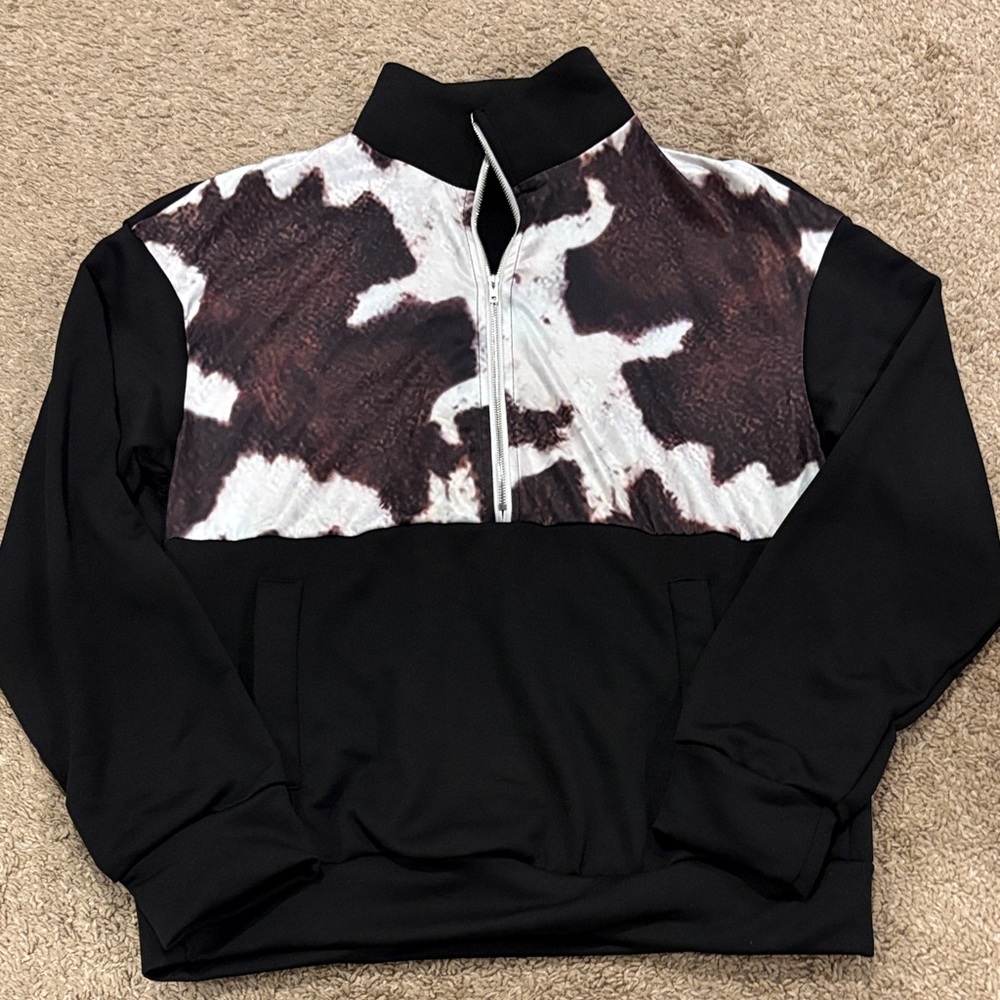 Women’s Black Quarter-Zip Pullover with Brown & White Cow Print Pattern
